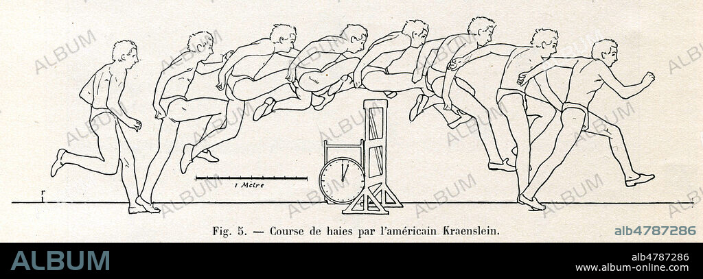 Course de haies par l'americain KRAENSLEN. Illustration anonyme pour l'article 'La chronophotographie et les sports athletiques' par Etienne Jules MAREY (1830-1904) paru dans La Nature du 13 avril 1901. Credit : Collection Kharbine-Tapabor.