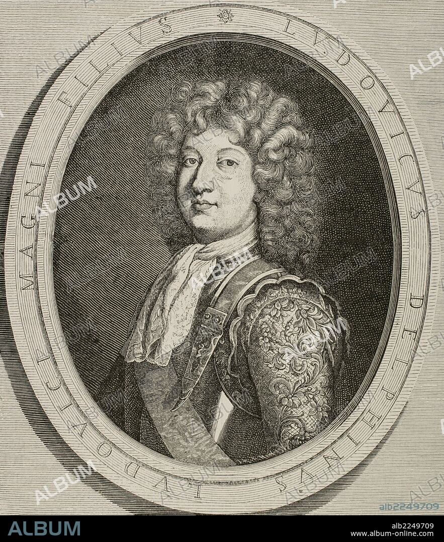 LUIS DE FRANCIA, conocido como el Gran Delfín o Monseñor (1661-1711). Príncipe de Francia, hijo mayor y heredero de Luis XIV y la reina Maria Teresa de Austria. Grabado por R. Heinkel. "Historia Universal", 1885.