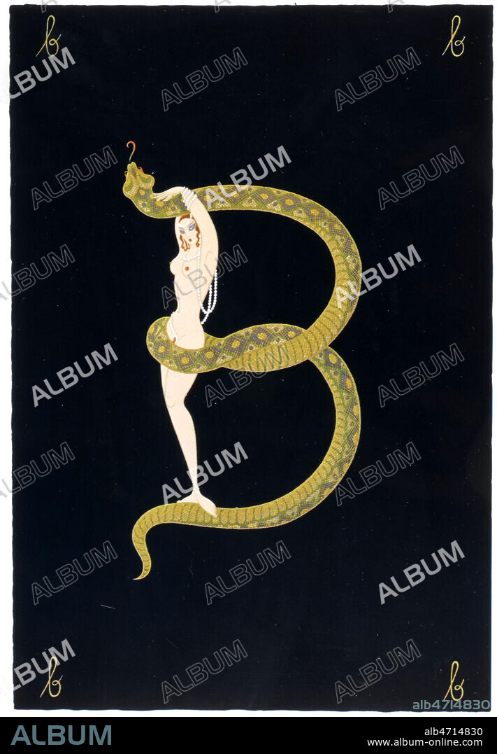 B - Femme et serpent . ERTE, alphabet, illustration pour une serie de lettres, commencee en 1927. ROMAIN de TIRTOFF dit ERTE (1892-1990= ADAGP) , Collection privee. Credit JEAN VIGNE/KHARBINE TAPABOR.