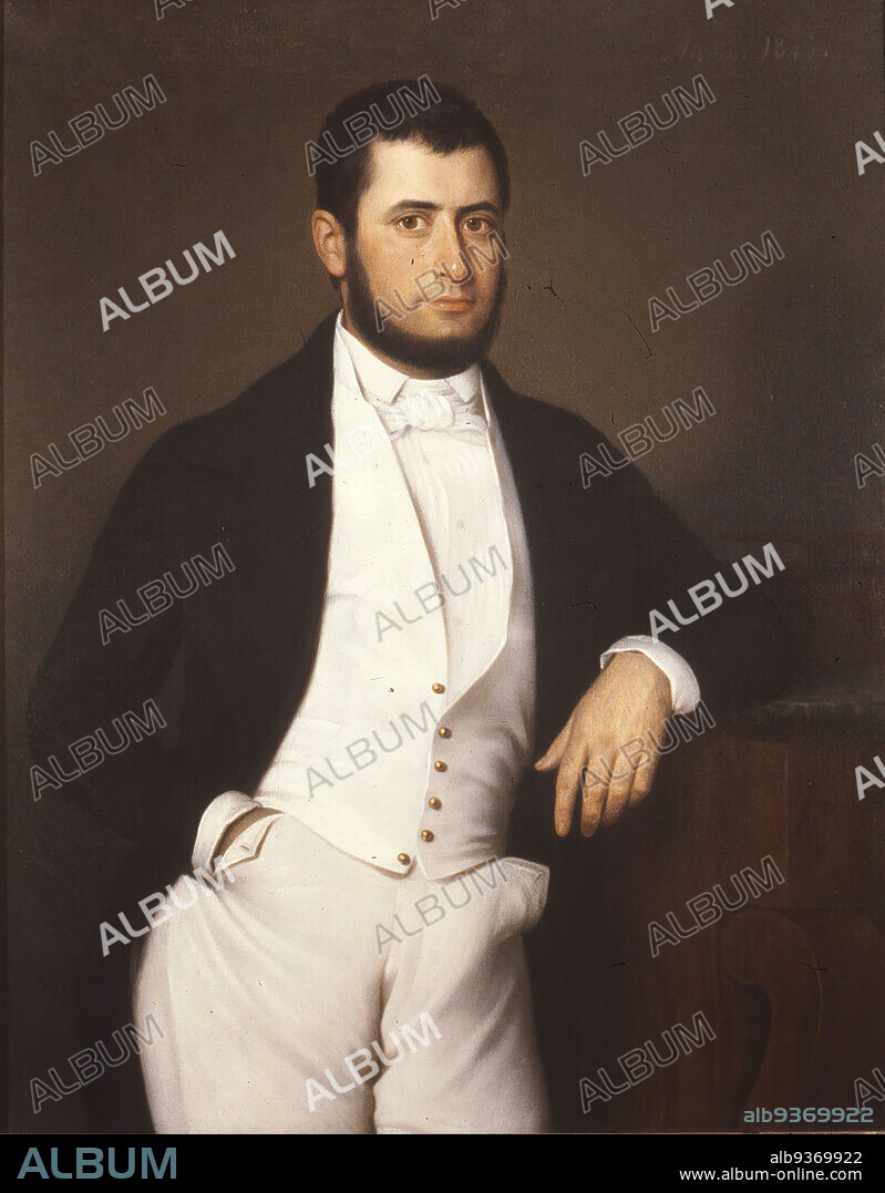 Portrait of an Unknown Man, Jacques Amans, 1801-1888, active in America 1836-1856, Oil on canvas, 1845, 37 1/2 x 29 15/16 in., 95.2 x 76 cm, Amans, Jacques, american, beard, facial hair, handsome, male figure, man, oil on canvas, painting, pedestal, portrait, unknown, vest, waistcoat, young man.