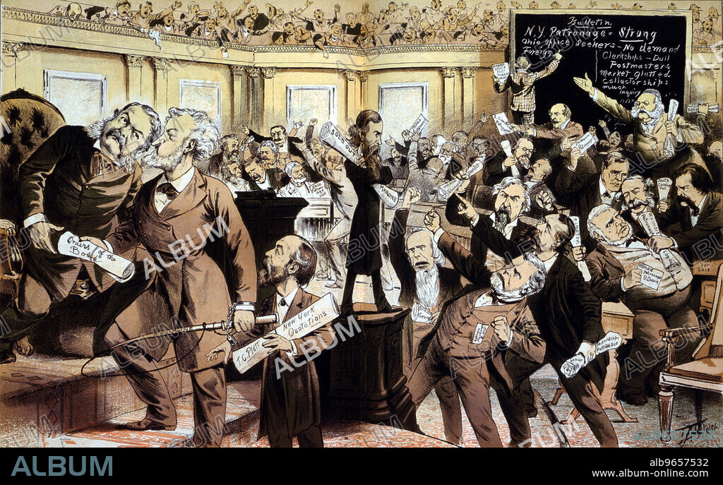 "This is not the New York Stock Exchange, it is the Patronage Exchange, Called U.S. Senate", Political Cartoon Featuring U.S. President Chester A. Arthur, Illustration by James Albert Wales, Puck Magazine, April 13, 1881.