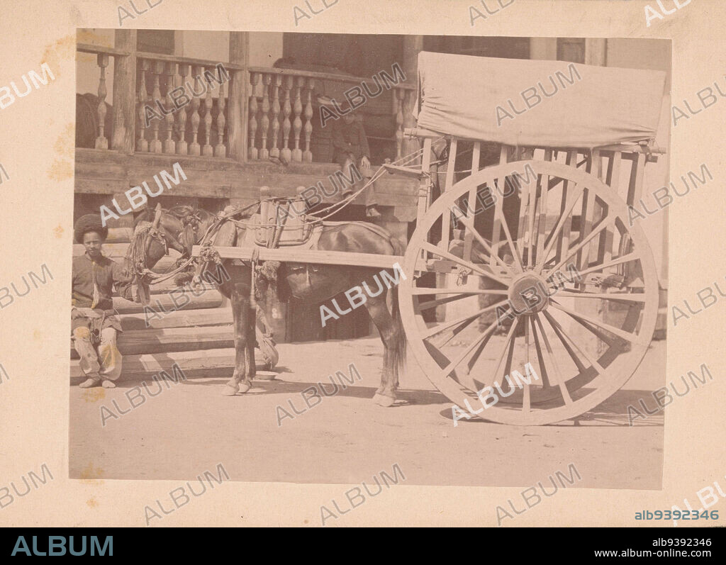 Man with a horse and cart, presumably in Baku in Azerbaijan, unknown, Azerbeidzjan, c. 1870 - c. 1890, photographic support, cardboard, albumen print, height 100 mm × width 133 mm.
