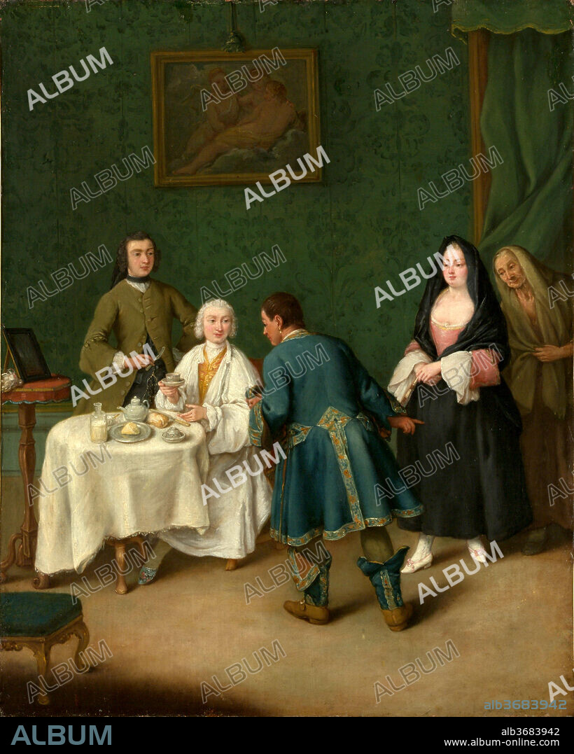 The Temptation. Artist: Pietro Longhi (Pietro Falca) (Italian, Venice 1701-1785 Venice). Dimensions: 24 x 19 1/2 in. (61 x 49.5 cm). Date: 1746.
The manservant of a young gentleman announces the arrival of a pretty prostitute and her procuress. An extra place has, indeed, been prepared at the breakfast table. The episode is mildly scandalous but the tone is serious.