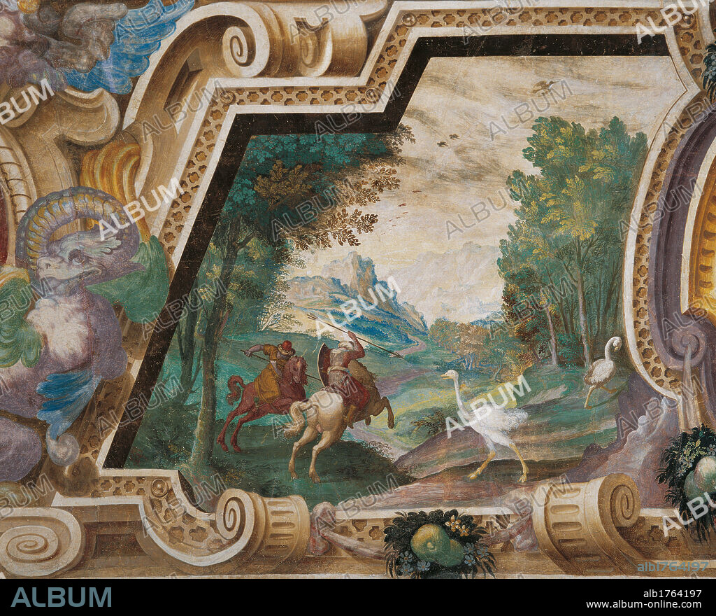 Decoration of Villa Visconti Borromeo Litta in Lainate, by Carlo Antonio Procaccini, 1587-1589 about, 16th Century, fresco,. Italy, Lombardy, Milan, Lainate, Villa Visconti Borromeo Litta, 16C palace. Detail. Interior Villa Litta decoration ceiling ostrich hunting scene hunters horses mountain landscape.