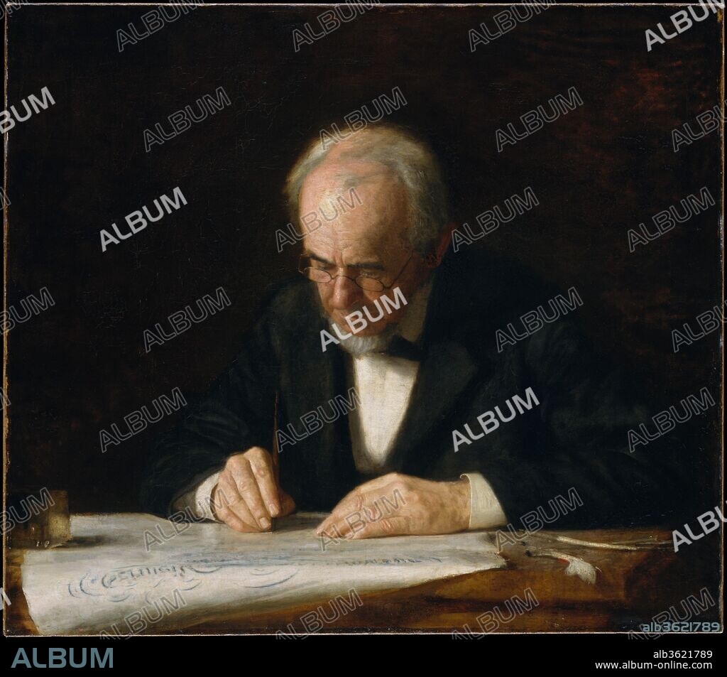 The Writing Master. Artist: Thomas Eakins (American, Philadelphia, Pennsylvania 1844-1916 Philadelphia, Pennsylvania). Dimensions: 30 x 34 1/4 in. (76.2 x 87 cm). Date: 1882.
Eakins probably had his first drawing lessons from his father, a professional calligrapher and teacher of penmanship at Friends' Central School in Philadelphia. Here, Benjamin Eakins (1818-1899) is shown engaged in copying a document in an old-fashioned "copperplate" script. While the serious and affectionate portrayal of an aging craftsman is saturated with Rembrandtesque eloquence and nostalgia, Eakins's delineation of his father's head and hands reveals his skills of observation and description. Benjamin Eakins's wise investments gave his son lifelong financial security.