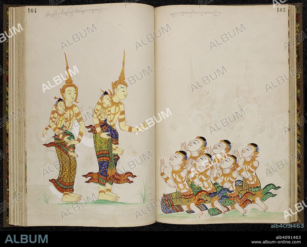 Vessantara with his wife and children on their way to the hermitage, scene from the Thai version of the Vessantara Jataka. . Ten Birth Tales of the Buddha (Jatakas). 1880. Materials: European paper Dimensions: 230 mm x 355 mm Script: Khom script, a variant of Khmer script used in Thailand in pencil. Source: Or. 14859 ff.164-165. Language: Thai.