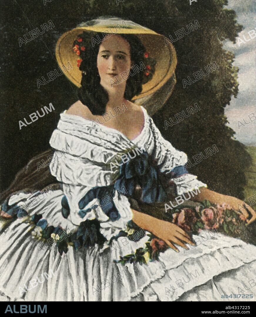 Empress Eugenie, (1936). 'Kaiserin Eugenie'. Portrait of Empress Eugenie de Montijo (1826-1920), the last Empress consort of the French, from 1853 to 1871, as the wife of Napoleon III, Emperor of the French. After a painting by Franz Xaver Winterhalter, made in 1857, in the collection of the Hillwood Estate, Museum & Gardens, Washington DC, USA. From "Bilder Deutscher Geschichte", (Pictures of German History), No.12, cigarette card album. [Cigaretten-Bilderdienst, Altona-Bahrenfeld, Hamburg, Germany, 1936].