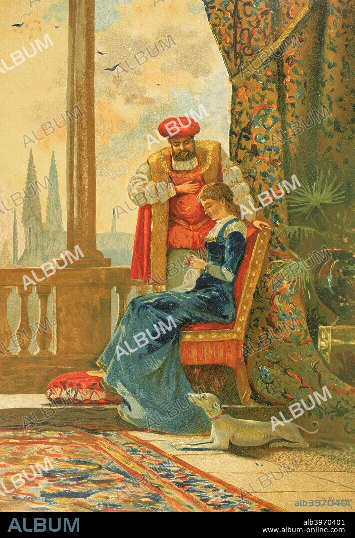 The King of England Henry VIII (1491-1547) with his second wife, Anne Boleyn (1507-1536). Drawing by Dionisio Baixeras (1862-1943). Chromolithography. La Civilizacion (The Civilization), volume III, 1882.