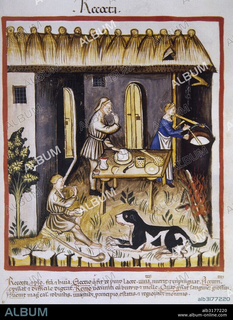 Tacuinum Sanitatis. 14th century. Medieval handbook of health. White cheese. Folio 62r.