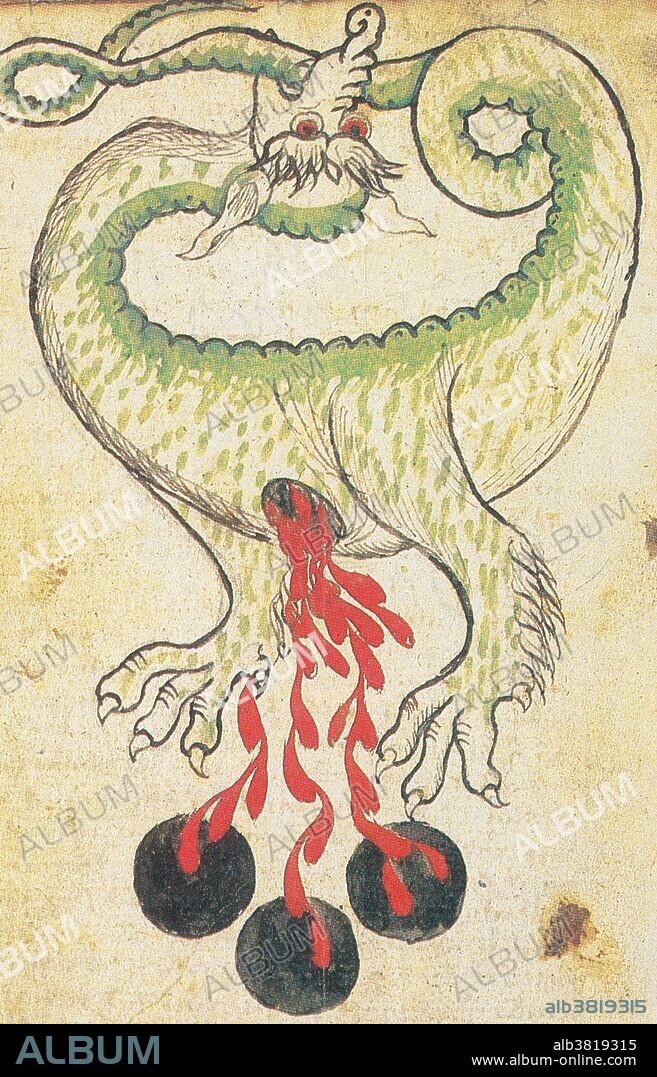 The tail biting dragon represents the prima materia shown discarding the nigredo which then needs to be skimmed off. The prima materia is the original material from which the universe is created. The idea that all things in the world are made, ultimately, from the same substance is the basis for the alchemical theory of transmutation, and the infamous belief that you can turn lead into gold. Nigredo, or blackness, in alchemy means putrefaction or decomposition. The alchemists believed that as a first step in the pathway to the philosopher's stone all alchemical ingredients had to be cleansed and cooked extensively to a uniform black matter. 16th century.