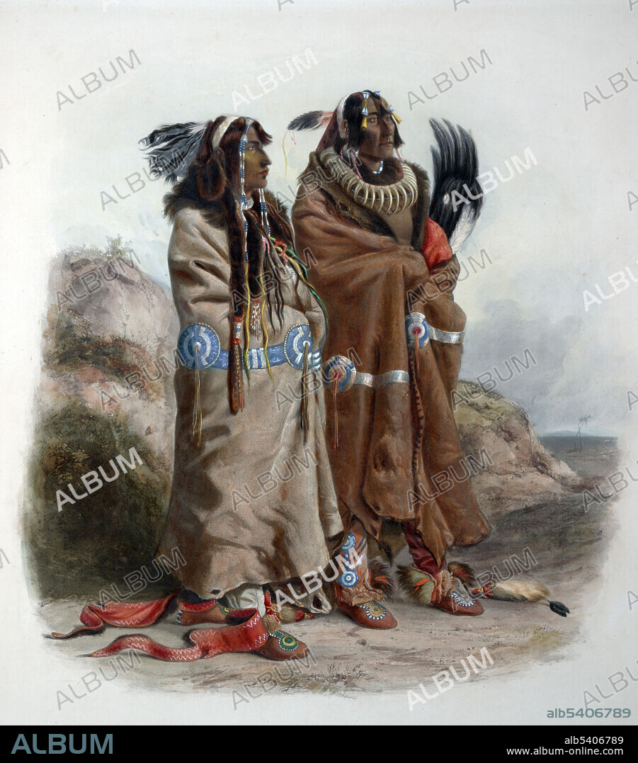 The Mandan are a Native American tribe of the Great Plains who have lived for centuries primarily in what is now North Dakota. The Mandan historically lived along both banks of the Upper Missouri River and two of its tributaries, the Heart and Knife rivers, in present-day North and South Dakota. Speakers of Mandan, a Siouan language, they developed a settled, agrarian culture. They established permanent villages featuring large, round, earth lodges, surrounding a central plaza. Matrilineal families lived in the lodges. The Mandan were a great trading nation, trading especially their large corn surpluses with other tribes in exchange for bison meat and fat. Voyage dans l'interieur de l'Amerique du Nord, execute pendant les annees 1832-34. Karl Bodmer (February 11, 1809, October 30, 1893) was a Swiss printmaker, lithographer, painter, illustrator and hunter.