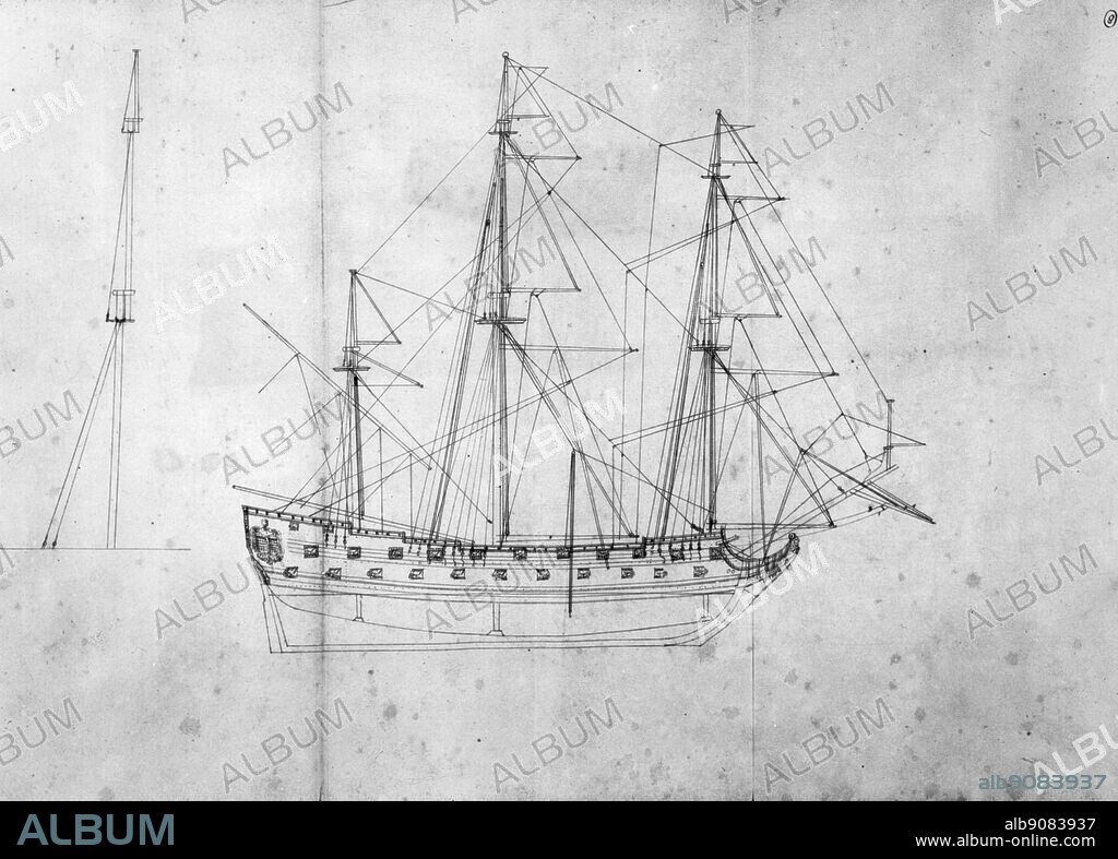 Fourth rate ship rigging plans by Sir Anthony Deane from Doctrine of Naval Architecture.