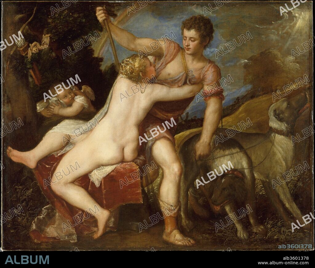 Venus and Adonis. Artist: Titian (Tiziano Vecellio) (Italian, Pieve di Cadore ca. 1485/90?-1576 Venice). Dimensions: 42 x 52 1/2 in. (106.7 x 133.4 cm). Date: 1560s.

Tales from Ovid's <i>Metamorphoses</i> inspired Titian to paint what he called <i>poesie</i>, or poetry in paint. Here, Venus tries to stop her lover from departing for the hunt, fearing--correctly--that he would be killed. The mood of sensuality, conveyed by the beautiful depiction of Venus from the back, enhances the viewer's sense of the tragic end to this story, expressed through their exchanged glances and the frightened Cupid. Titian's workshop made multiple versions of this composition, but this one is of exceptional quality and was painted by Titian himself.