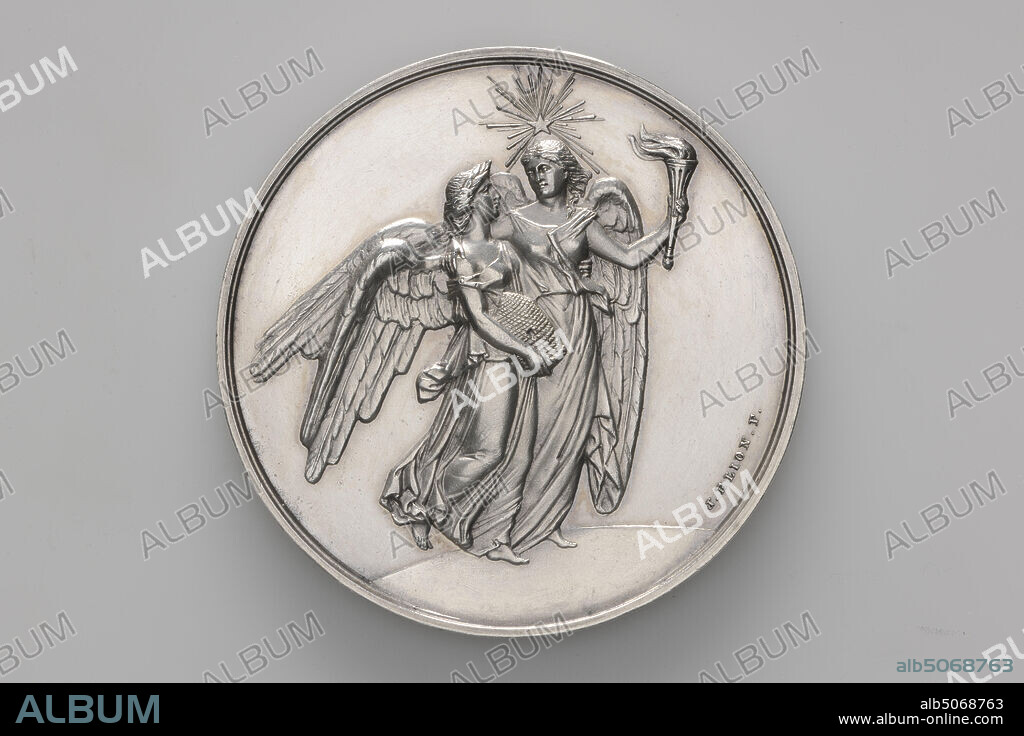 prize medal, Jacob Samuel Cohen Elion, 1866, minted, General: 5.5 x 0.4cm (55 x 4mm), Weight: 70.8g, star, personification, Silver prize medal from the General Exhibition of Dutch Industry and Art in the Palace van Volksvlijt in Amsterdam 1866, won by the company Scheltema. The front depicts an allegory of the winged Industry and Art with a beehive and a burning torch for illumination. Above it a shining star. Lower right in lower case the inscription: J. ELION. F .. On the reverse, inside a tucked laurel wreath, the inscription: PALACE FOR PEOPLE'S FLEA IN AMSTERDAM. Around it the circular: ALGEM. EXHIBITION OF NEDERL. INDUSTRY AND ART 1866, 2000.