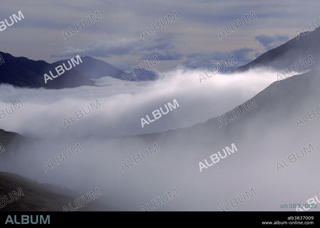 Morning fog rises from the Toklat River Valley. Radiation fog occurs as air cools on calm nights, until the dew point is reached; Denali National Park, Alaska.