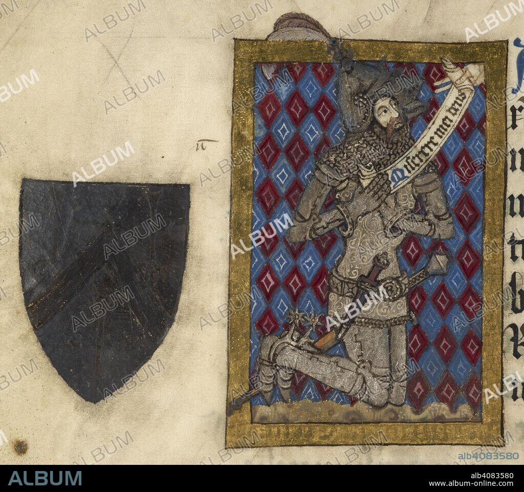 THOMAS WALSINGHAM and WILLIAM DE WYLUM. Robert Chamberlain is shown in full armour, kneeling before the Dextera Dei, holding a scroll which reads 'God have mercy on me'. The accompanying text states that he was received by the abbey on 7 January 1417, and that on the same day he gave wine liberally. Liber benefactorum of St Albans Abbey (â€˜Golden Book of St Albansâ€™). 1420. Source: Cotton Nero D. VII f.142v. Language: Latin.