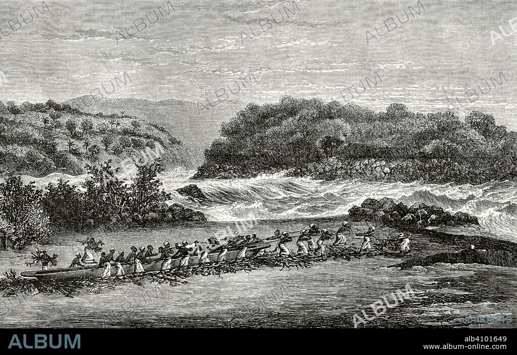 Africa. Expedition of Stanley. Dragging the canoes down the first waterfall of the Livingstone waterfalls, on the Congo river. Engraving. Africa inexplorada, el Continente Misterioso by Henry Morton Stanley, c. 1887.