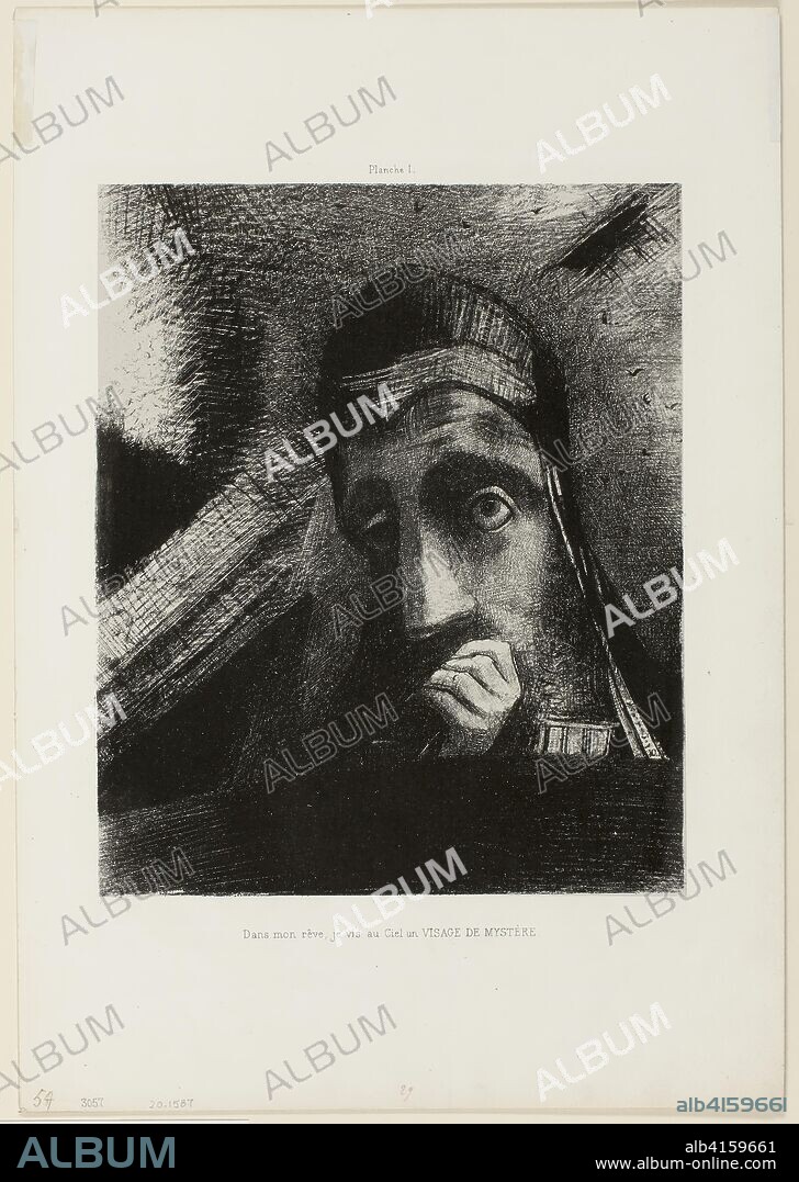 Face of Mystery (In my dream I saw in the Sky a FACE OF MYSTERY), plate 1 from Homage to Goya. Odilon Redon; French, 1840-1916. Date: 1885. Dimensions: 290 × 239 mm (image/chine); 453 × 313 mm (sheet). Lithograph in black on light gray China paper laid down on ivory wove paper. Origin: France.