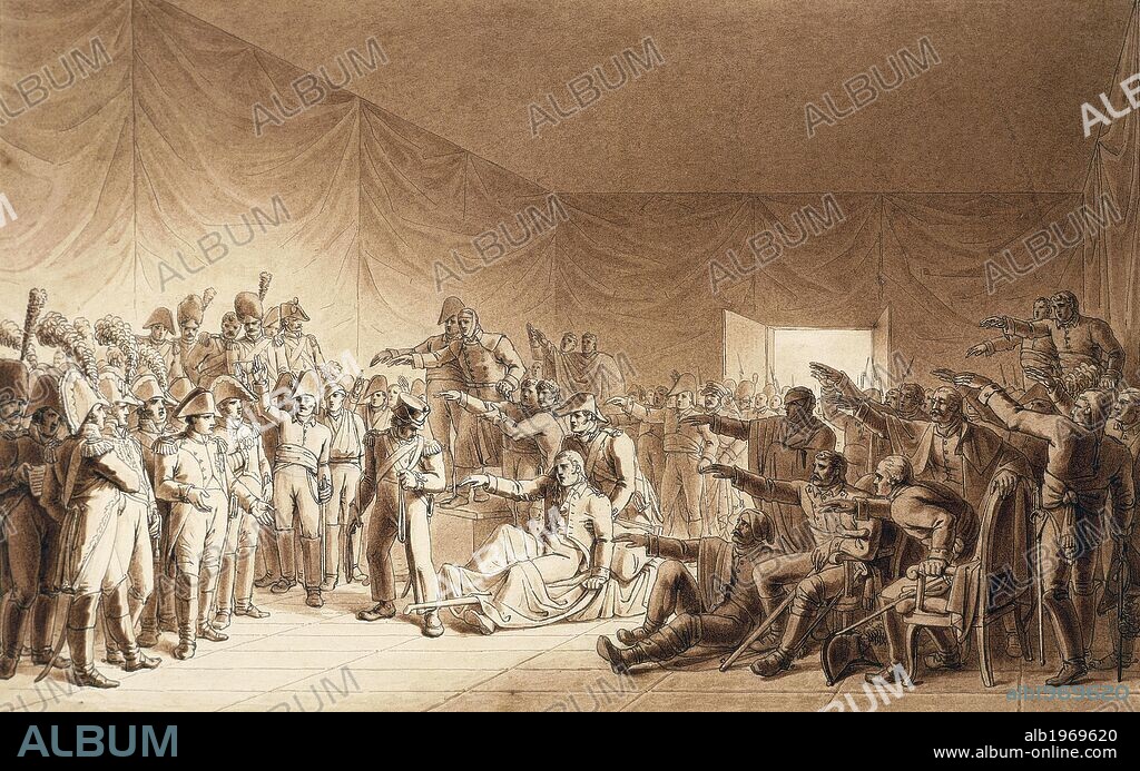Napoleon Bonaparte visiting the wounded at the Battle of Jena and Saxon officers taking an oath not to take up arms against him, October 15, 1806, by Benjamin Zix (1772-1811). Napoleonic Wars, Germany, 19th century.