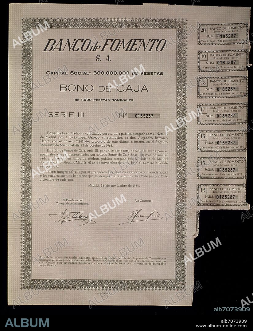BONO DE CAJA BANCO FOMENTO   MADRID 26/NOV/1965.