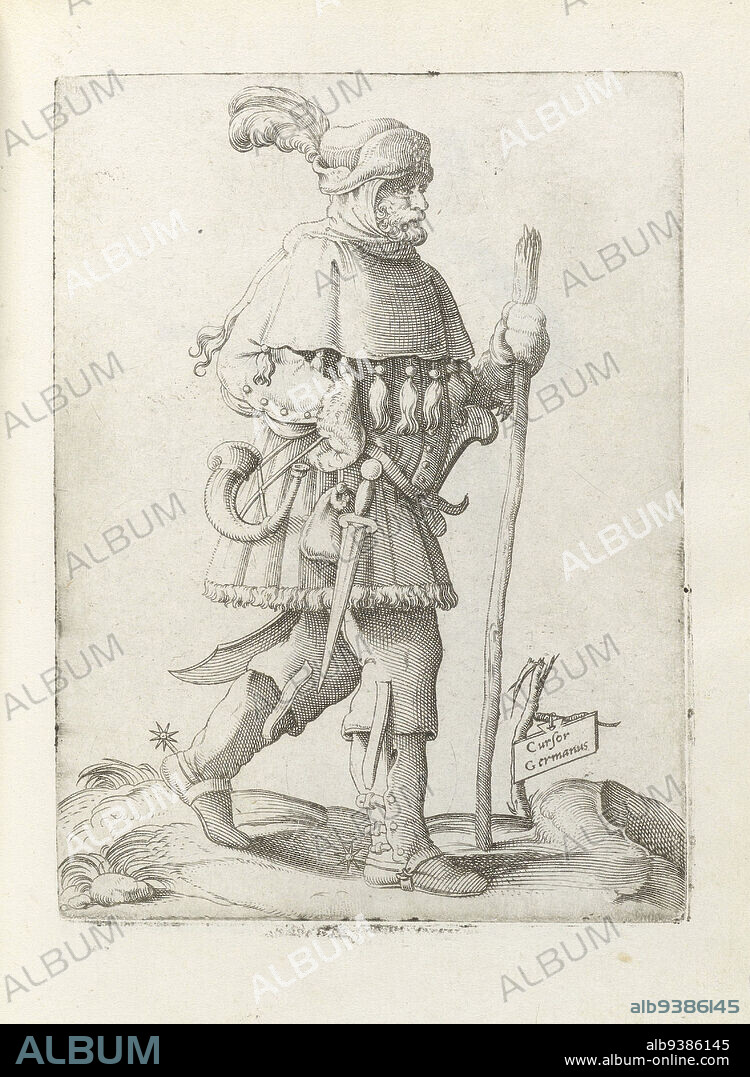 Cursor Germanus (title on object), German courier, with horn and walking stick, Diversarum gentium nostrae aetatis habitus (series title), Print from album 'Diversarum gentium nostrae aetatis habitus'., print maker: Enea Vico, Venice, in or before 1558, paper, engraving, height 150 mm × width 92 mm.