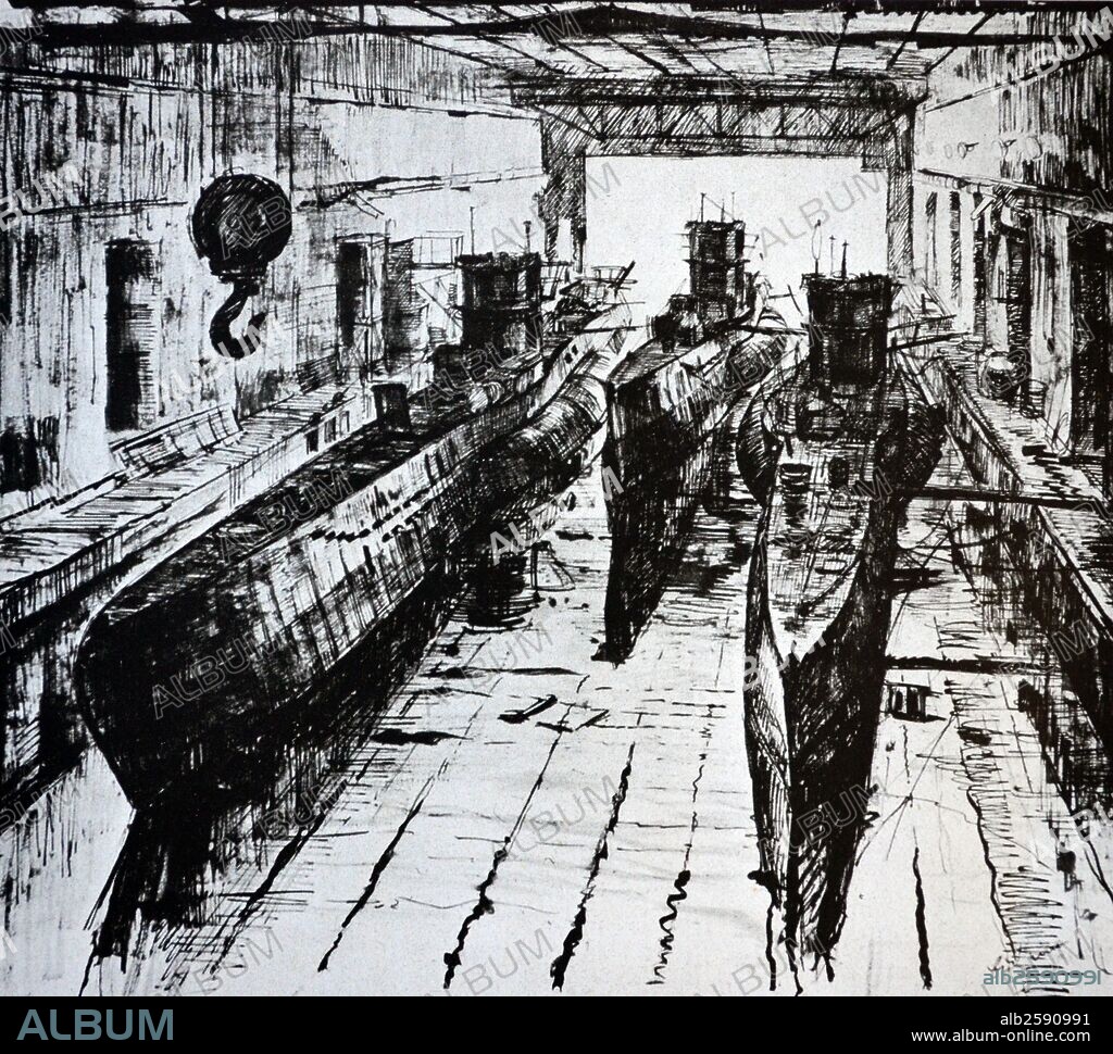 A U-boat submarine dock with three submarines by Lothar-Günther Buchheim (February 6, 1918 – February 22, 2007) German author and painter. He is best known for his novel Das Boot (1973), which became an international bestseller and was adapted in 1981 as an Oscar-nominated film.