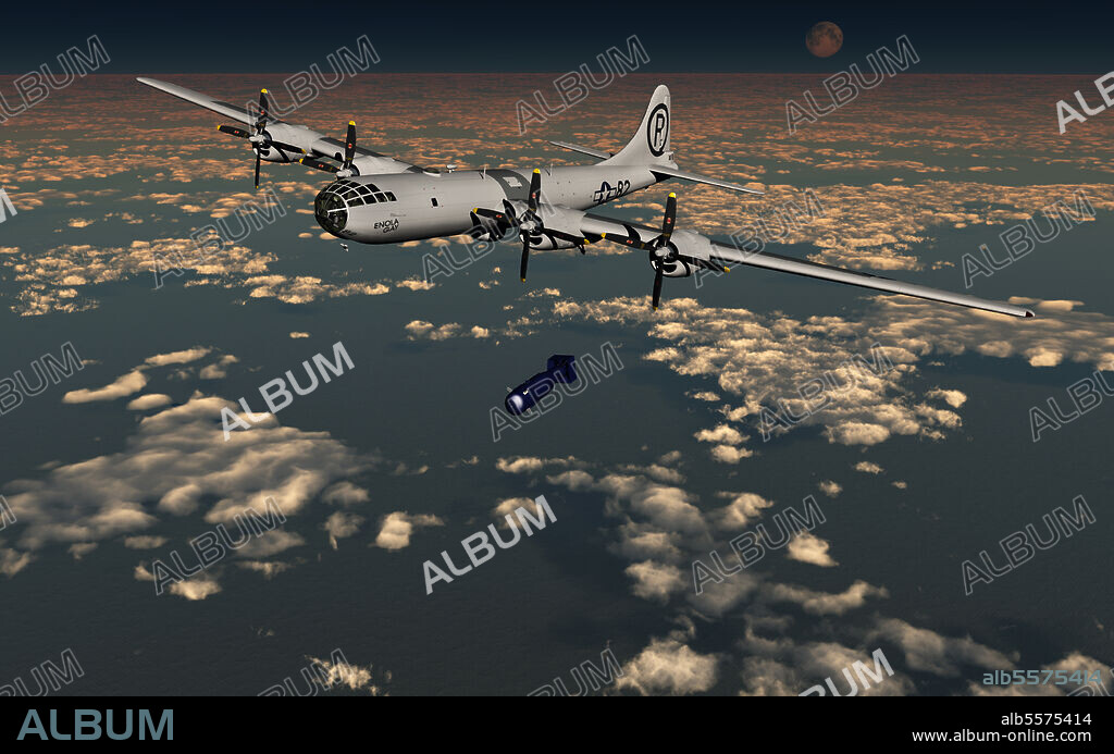 The Enola Gay B-29 Superfortress dropping Little Boy atomic bomb over Hiroshima during World War II.