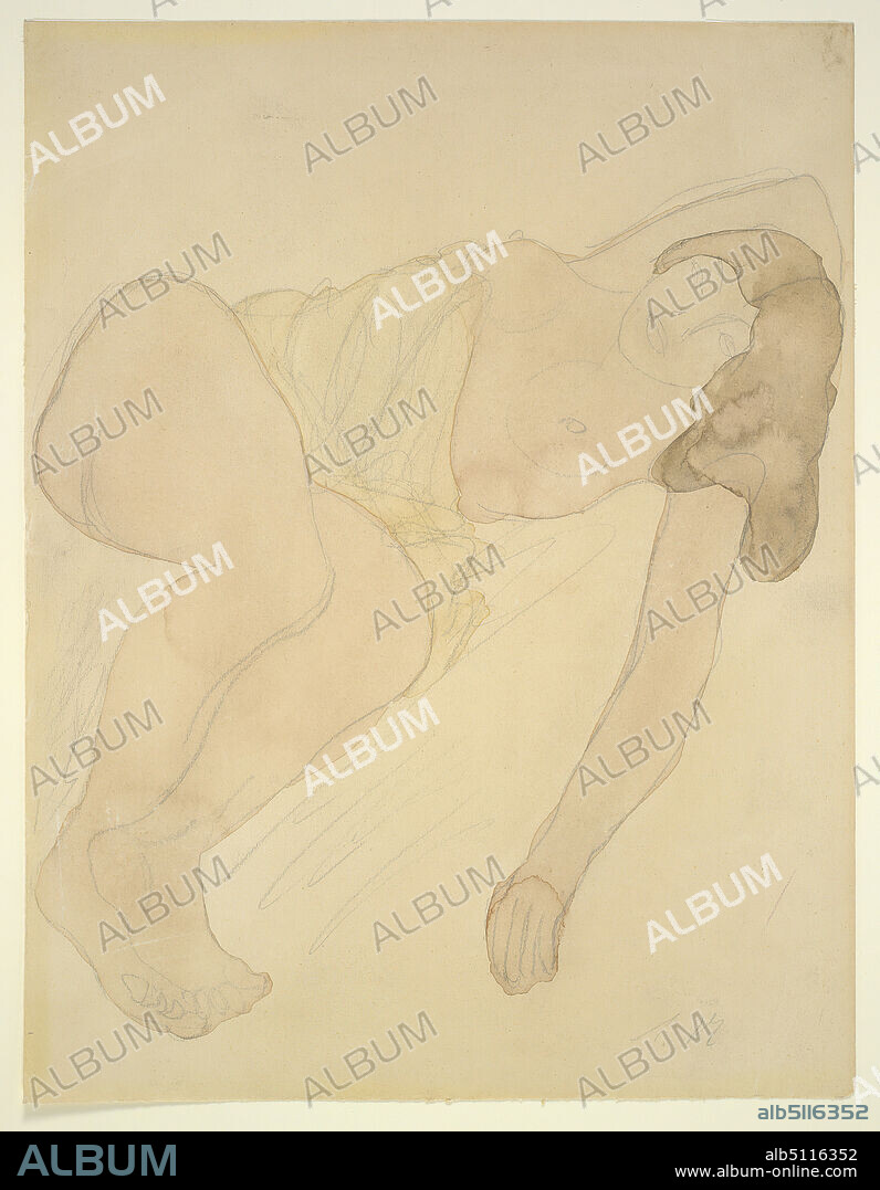 Artist, formerly attributed to: Auguste Rodin, French, 18401917, Nude, Lying Down, Legs Bent, watercolor and graphite, sheet: 24.77 × 31.75 cm (9 3/4 × 12 1/2 in.), French, 19th century, Works on Paper - Drawings and Watercolors.