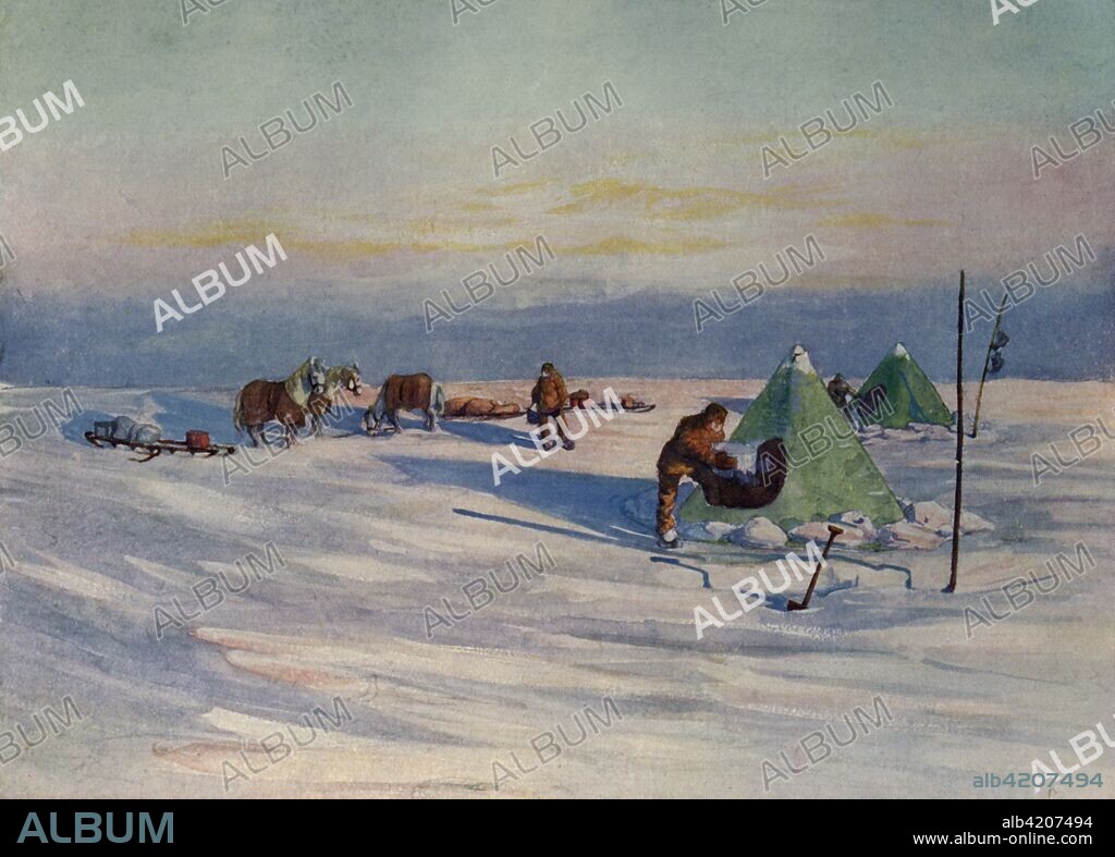 'A Quiet Evening on the Barrier', c1908, (1909). Anglo-Irish explorer Ernest Shackleton (1874-1922) made three expeditions to the Antarctic. During the second expedition, 1907-1909, he and three companions established a new record, Farthest South latitude at 88°S, only 97 geographical miles (112 statute miles, or 180 km) from the South Pole, the largest advance to the pole in exploration history. Members of his team also climbed Mount Erebus, the most active volcano in the Antarctic. Shackleton was knighted by King Edward VII for these achievements. He died during his third and last 'oceanographic and sub-antarctic' expedition, aged 47. Illustration after an original painting by George Marston (1882-1940) the expedition artist, from The Heart of the Antarctic, Vol. I, by E. H. Shackleton, C.V.O. [William Heinemann, London, 1909].