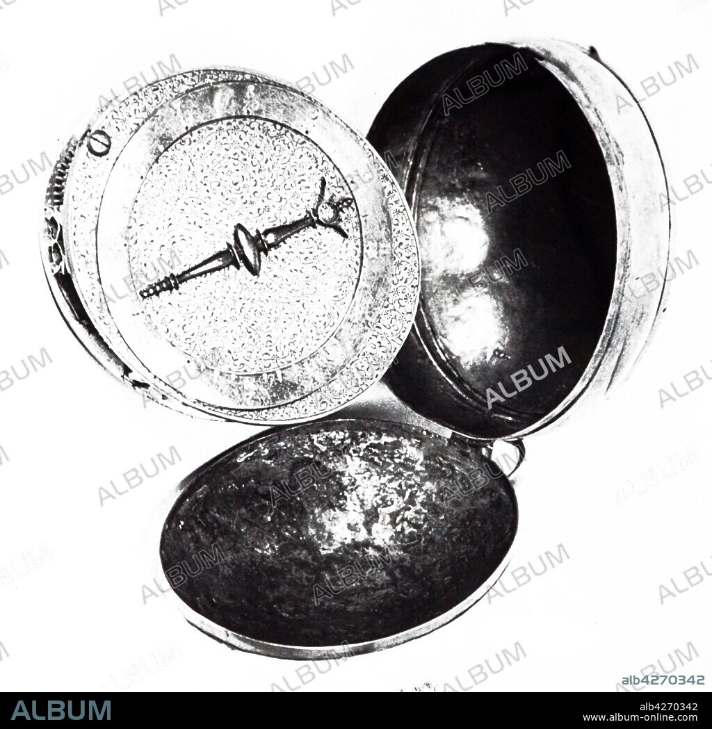 A photograph of a Nuremberg Egg, an early type of pocket watch: rear view, showing the verge escapement. Dated 20th century.