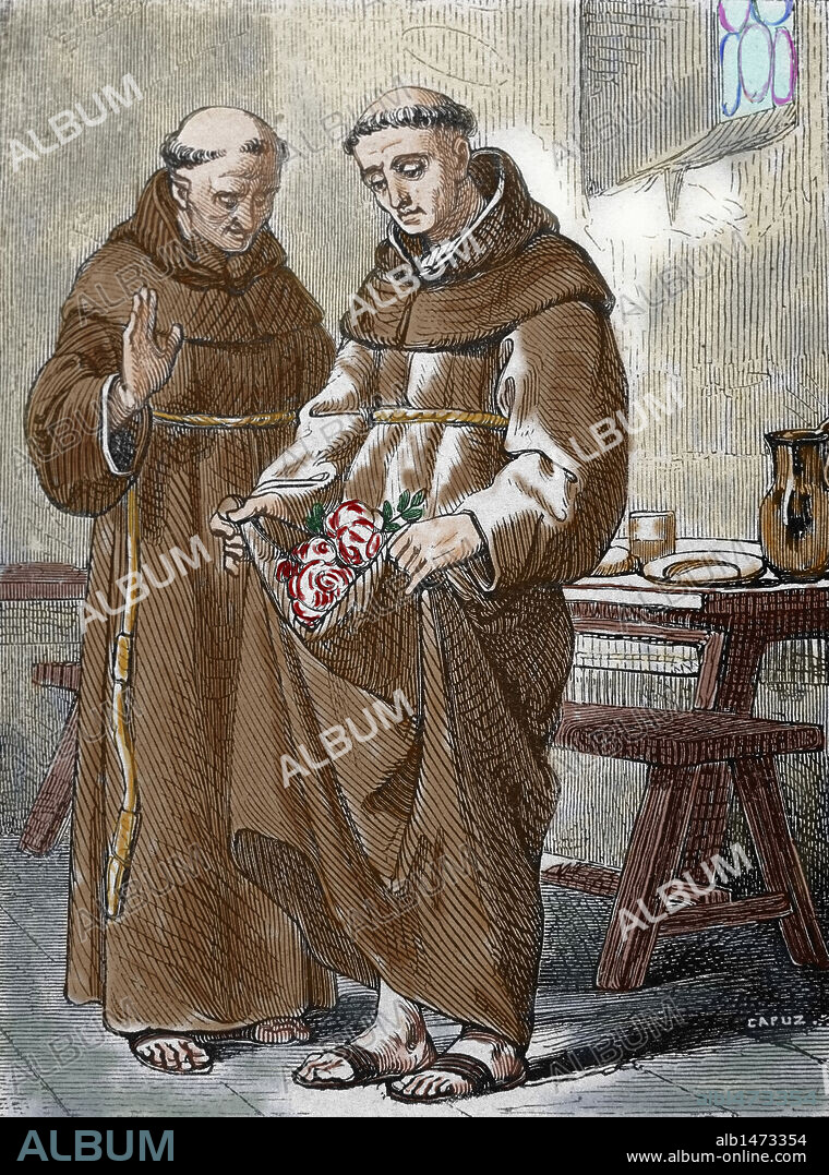 PEDRO REGALADO, San (Valladolid,1391-?,1456). Religioso franciscano español. Estaba el Santo empleado en el oficio de portero en el convento de Abrojos, y era tanto lo que daba de limosna que llegaron los religiosos a murmurarlo, y solicitar del guardián que pusiese oportuno remedio. Grabado coloreado.