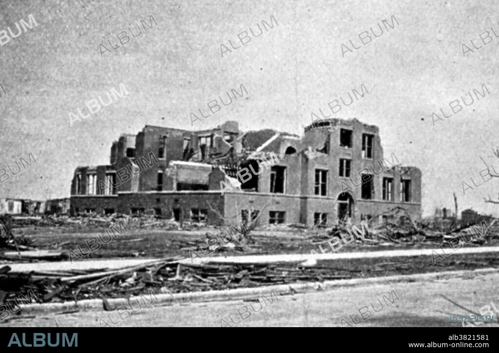 The Great Tri-State Tornado of Wednesday, March 18, 1925, was the deadliest tornado in US history. With 695 fatalities, the tornado killed more than twice as many as the second deadliest, the 1840 Great Natchez Tornado. The continuous 219 mile track left by the tornado was the longest ever recorded in the world: the tornado crossed from southeastern Missouri, through southern Illinois, then into southwestern Indiana. Although not officially rated by NOAA, it is recognized by most experts as an F5 tornado, the maximal damage rating issued on the Fujita scale. There has been uncertainty as to whether the event was one continuous tornado or a tornado family. Ongoing new research, however, finds no break in the path and also that the tornado touchdown may have occurred approximately 15 miles farther west than previously thought, bringing the total path length to around 234 miles. Photo originally captioned: "Ruins of the Longfellow School where 17 children were killed. The storm hit the school at about 2:30 p.m. A casualty of the Tri-State Tornado, the longest-lived and longest path of any recorded tornado. It travelled 300 miles from SE Missouri to Indiana and killed over 600.".