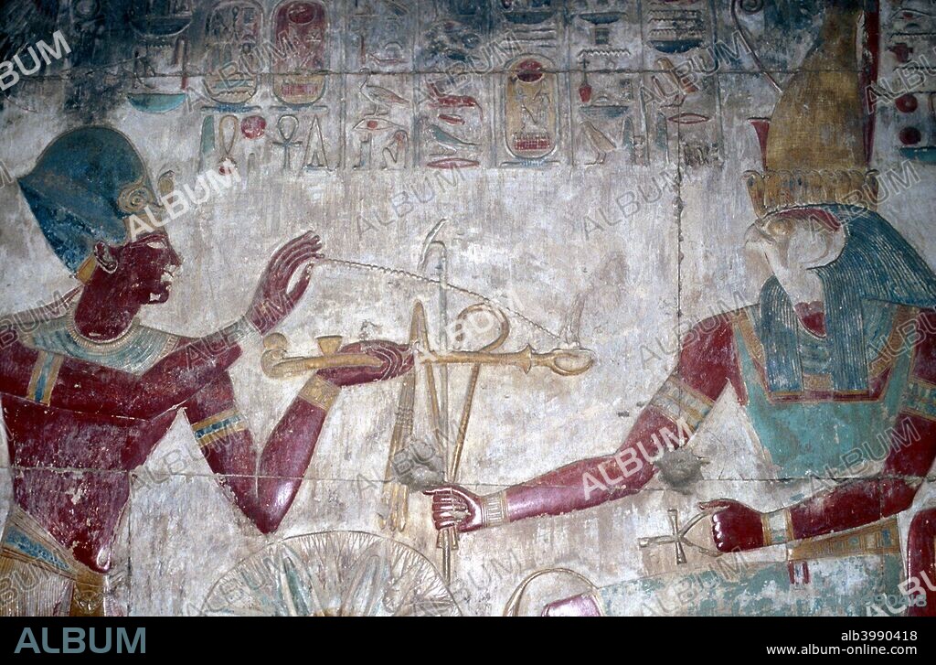 Wallpainting of Sethos I before Horus, The Horus Chapel, Temple of Sethos I (Seti I), Abydos, Egypt, 19th Dynasty, c1280 BC.