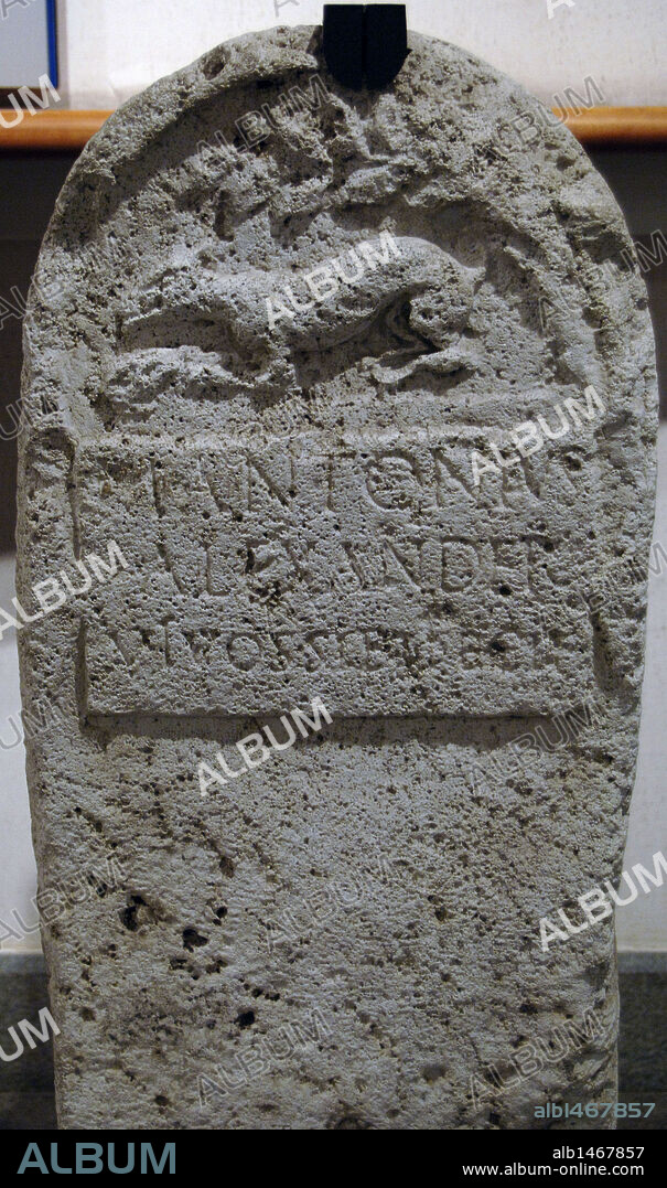 ARTE ROMANO. ITALIA. CIPO FUNERARIO con inscripción y relieve representando a un perro mordiendo a una oveja. Propiedad del liberto M. Antonius Alexander. Siglo I a. C. Via Appia (Roma). Termas de Diocleciano. Museo Nacional Romano. Roma.
