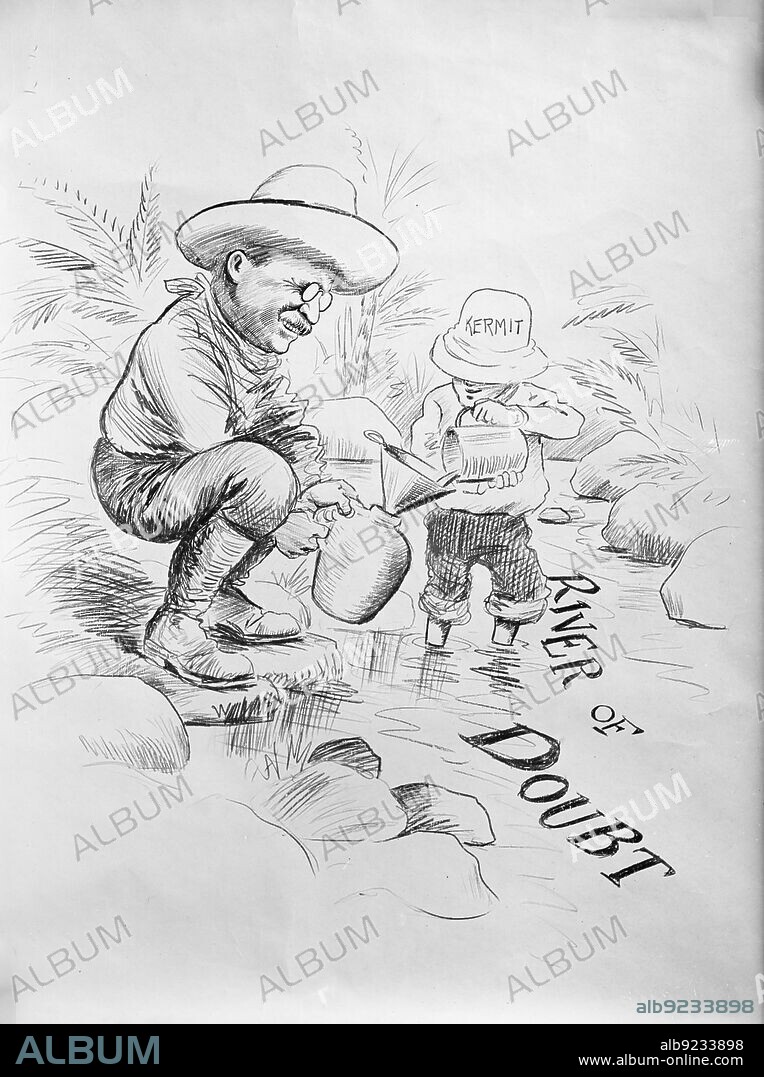 Theodore Roosevelt - Cartoon About The 'River of Doubt', 1914. Roosevelt and his son Kermit made an expedition into the Amazon Basin in Brazil to explore and map the area of the River of Doubt, later renamed Rio Roosevelt in honour of the President. Father and son both contracted malaria during the expedition.