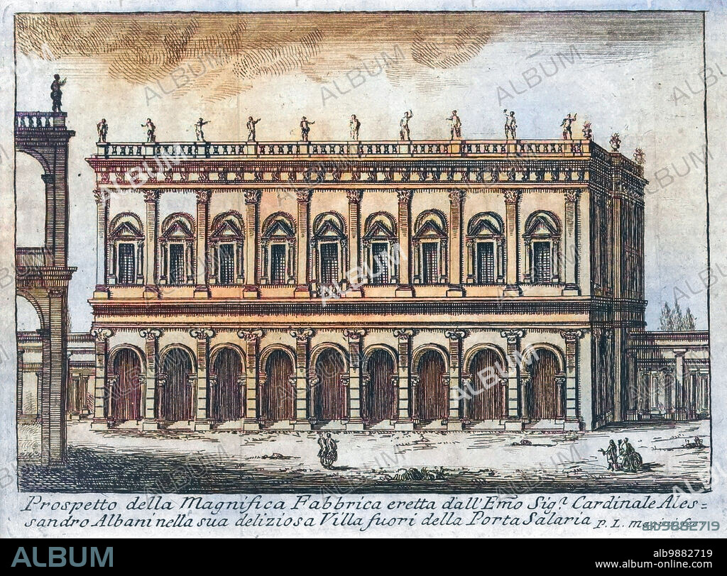 Prospetto della Magnifica Fabbrica erelta dall' Erno Sig. Cardinale Alessandro Albani nella sua deliziosa Villa fuori della Porta Salaria, Rom, Italien, aus Acurata, descrizione Topografica e historica di Roma Moderna, erschienen 1767, Historisch, historical, digital improved reproduction of an original from the 19th century.