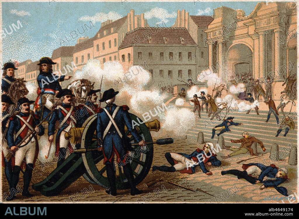 Le 13 Vendemiaire (05/10/1795), BONAPARTE (1769-1821) foudroie les royalistes sur les marches de l'eglise Saint Roch. Chromo de la fin du 19eme s. Credit : Collection KHARBINE-TAPABOR.