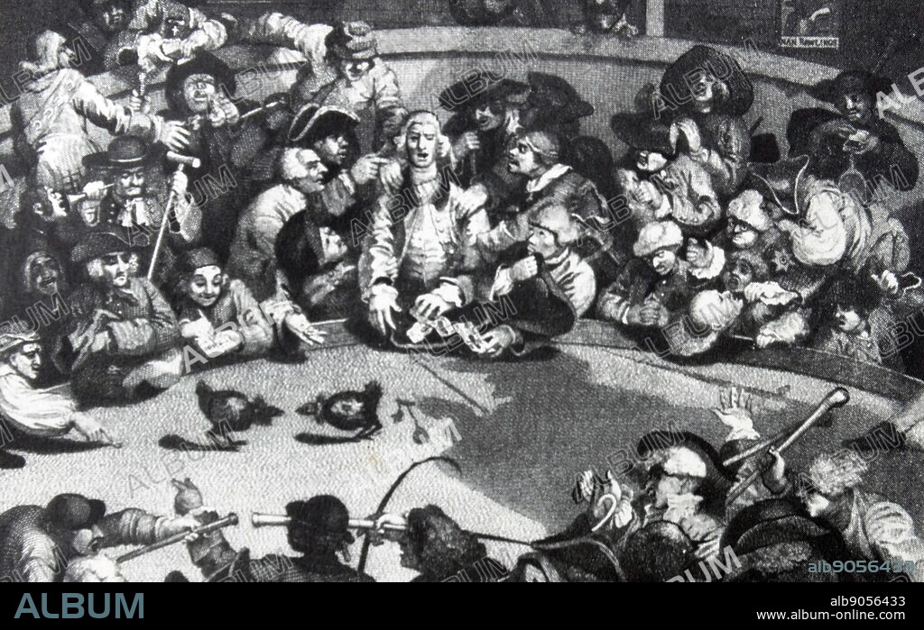 Engraving titled 'The Cockfight' by William Hogarth (1697-1764) English painter, printmaker, pictorial satirist, social critic, and editorial cartoonist who has been credited with pioneering western sequential art. Dated 18th Century.