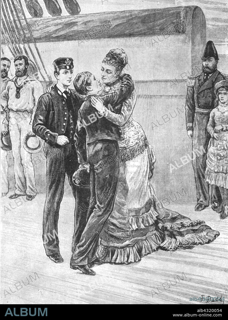 'The Princess of Wales Welcoming her Sailor Sons on their Return from their Cruise on the 'Bacchante', May 3, 1880', (1901). Princess Alexandra of Denmark (1844-1925, future Queen Alexandra) with her two eldest sons Prince Albert Victor (1864-1892) and George Prince of Wales, (1865-1936). They served as mindshipmen on board HMS 'Bacchante' from 1879 until 1882. Albert died from influenza aged 28 and George went on to succeed his father as King in 1910. From "The Illustrated London News Record of the Glorious Reign of Queen Victoria 1837-1901: The Life and Accession of King Edward VII. and the Life of Queen Alexandra". [London, 1901].
