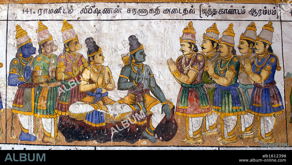 Murals- Epic Ramayana-Wall Paintings in Ramasamy Temple at Kumbakonam, Tamil Nadu, India- Vibhushana brother of Ravana Surrenders to Rama. Artist Unknown.