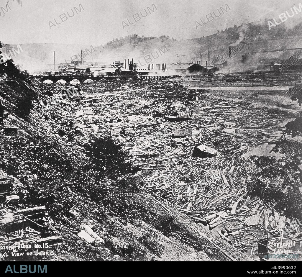 The Johnstown Flood disaster, Pennsylvania, USA, 31 May, 1889. Known as the Great Flood of 1889, the disaster killed over 2200 people after the South Fork Dam failed, causing 20 million tons of water to destroy the town of Johnstown, Pennsylvania.