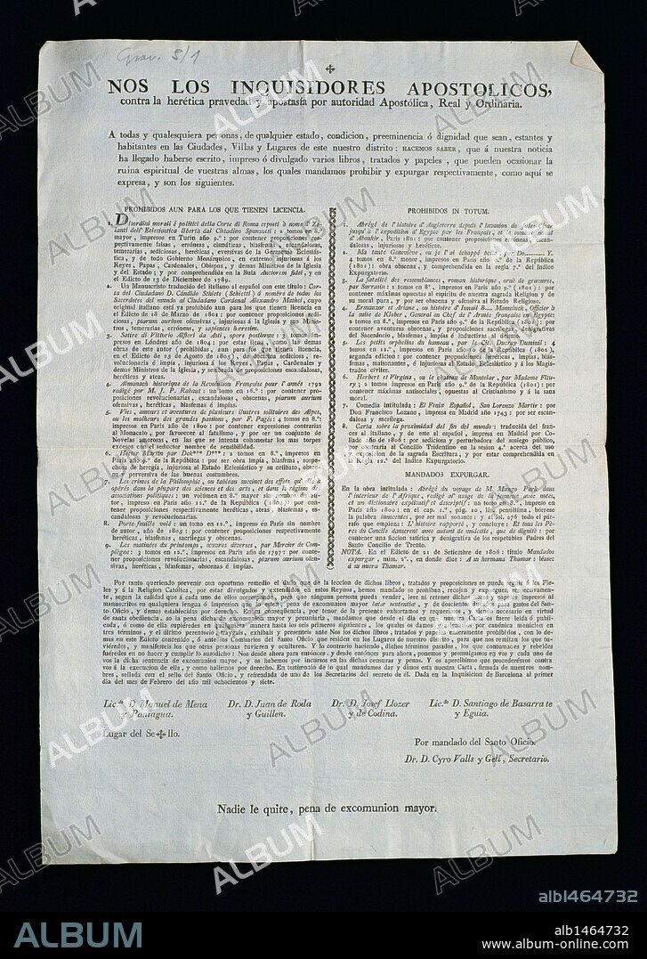 INQUISICION ESPAÑOLA. SIGLO XIX. "NOS LOS INQUISIDORES APOSTOLICOS CONTRA LA HERETICA PRAVEDAD Y APOSTASIA POR AUTORIDAD APOSTOLICA, REAL Y ORDINARIA". Documento del siglo XIX fechado en la Inquisición de Barcelona el 1 de febrero de 1807.