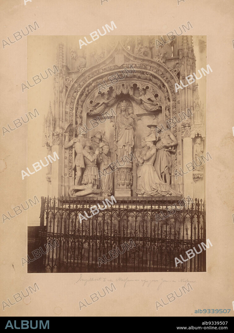 Plaster tomb for Engelbrecht I, Count of Nassau-Dillenburg, Johanna van Polanen, Johan IV, Count of Nassau-Dillenburg, and Maria van Loon-Heinsberg in the Grote Kerk at Breda, anoniem (Monumentenzorg) (attributed to), Grote Kerk, 1890 - 1920, photographic support, cardboard, albumen print, height 231 mm × width 174 mm.