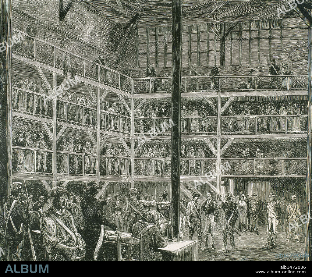 REVOLUCION FRANCESA. Sala de la Abadía donde celebraba sus sesiones el tribunal revolucionario en 1793. Grabado de CAPUZ (s. XIX) .