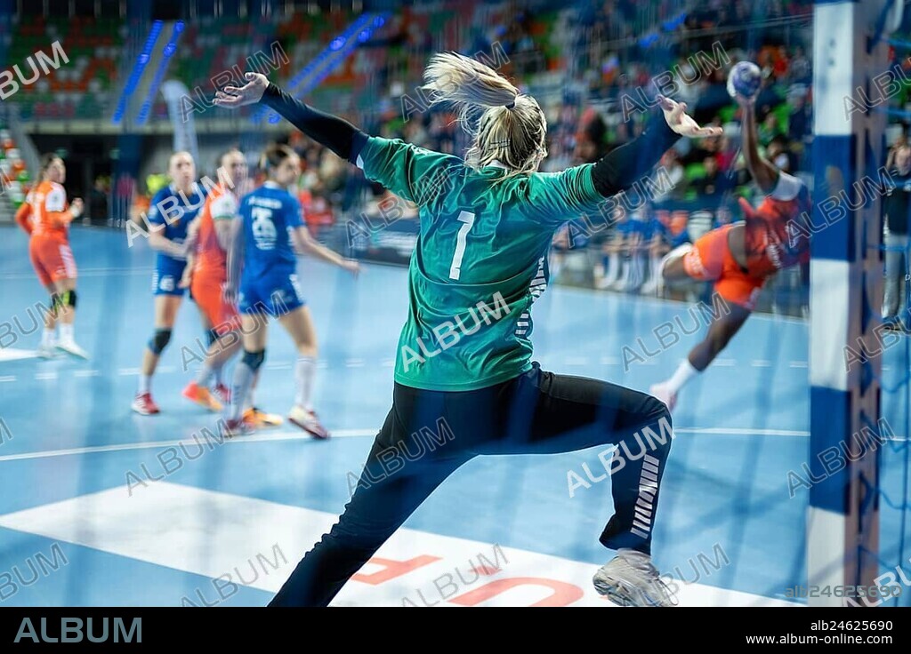 Handball woman goalkeeper's back and handball match in the background. Lubin, Poland