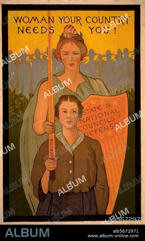ANONYME. History / World War I / Propaganda. - "Woman your country needs you!" - (Poster showing Liberty presenting a sword "Service" to a young woman; Liberty's shield is inscribed State & National Councils of Defense). Poster, USA, 1917. Col. lithograph, 117 × 76cm.
