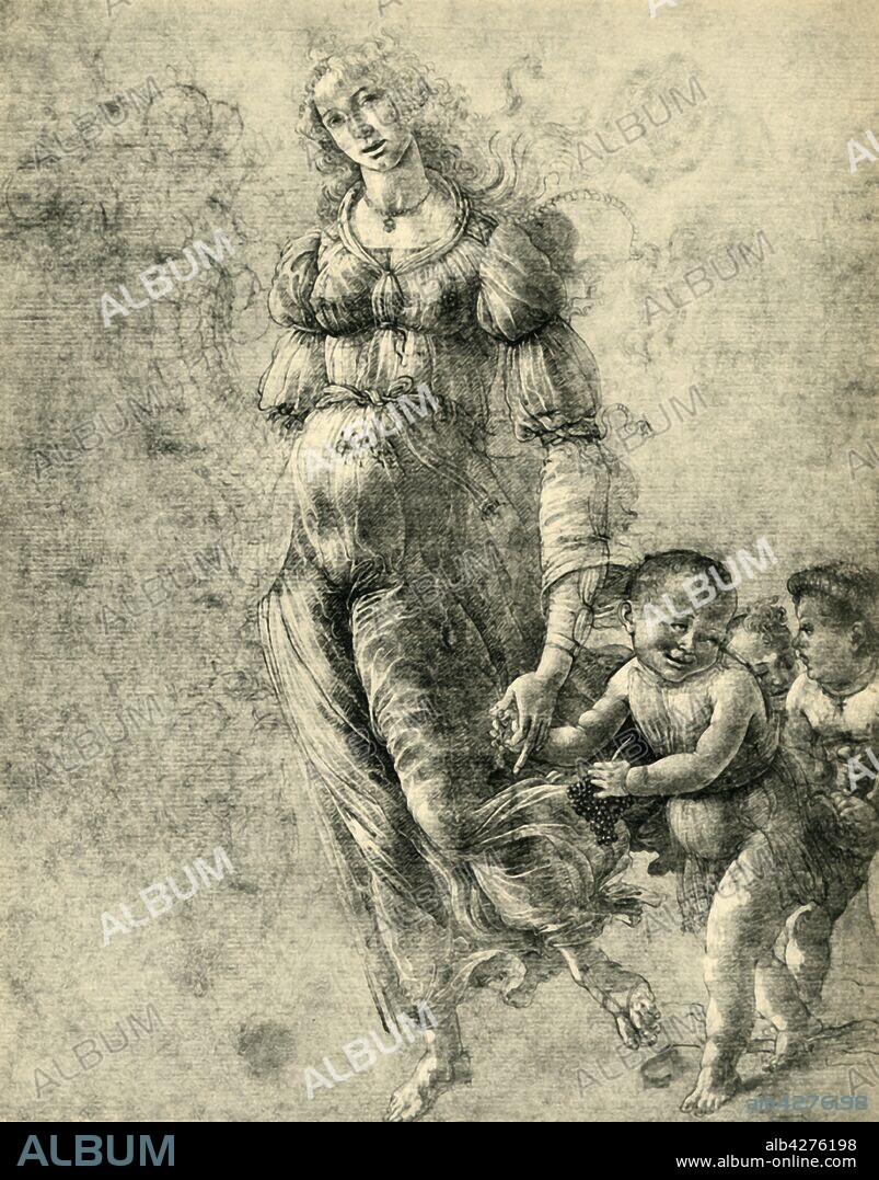 SANDRO BOTTICELLI. Abundance or Autumn, 1480-1485, (1943). Allegorical female figure in classical dress, with putti and cornucopia. Drawing in the British Museum, London. From "Europäische Handzeichnungen", (Five Hundred Years of European Drawings), by Bernhard Degenhart. [Atlantis-Verlag Berlin, Zürich, 1943].