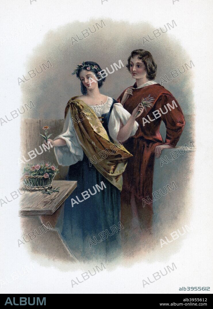 'Florizel and Perdita', 1891. The lovers from The Winter's Tale. A colour lithograph from Shakespeare's Heroes and Heroines after Sir A Callcott, C R Leslie, D Maclise, A Redgrave, S Hart & C, published by Raphael Tuck & Sons, (London, 1891).