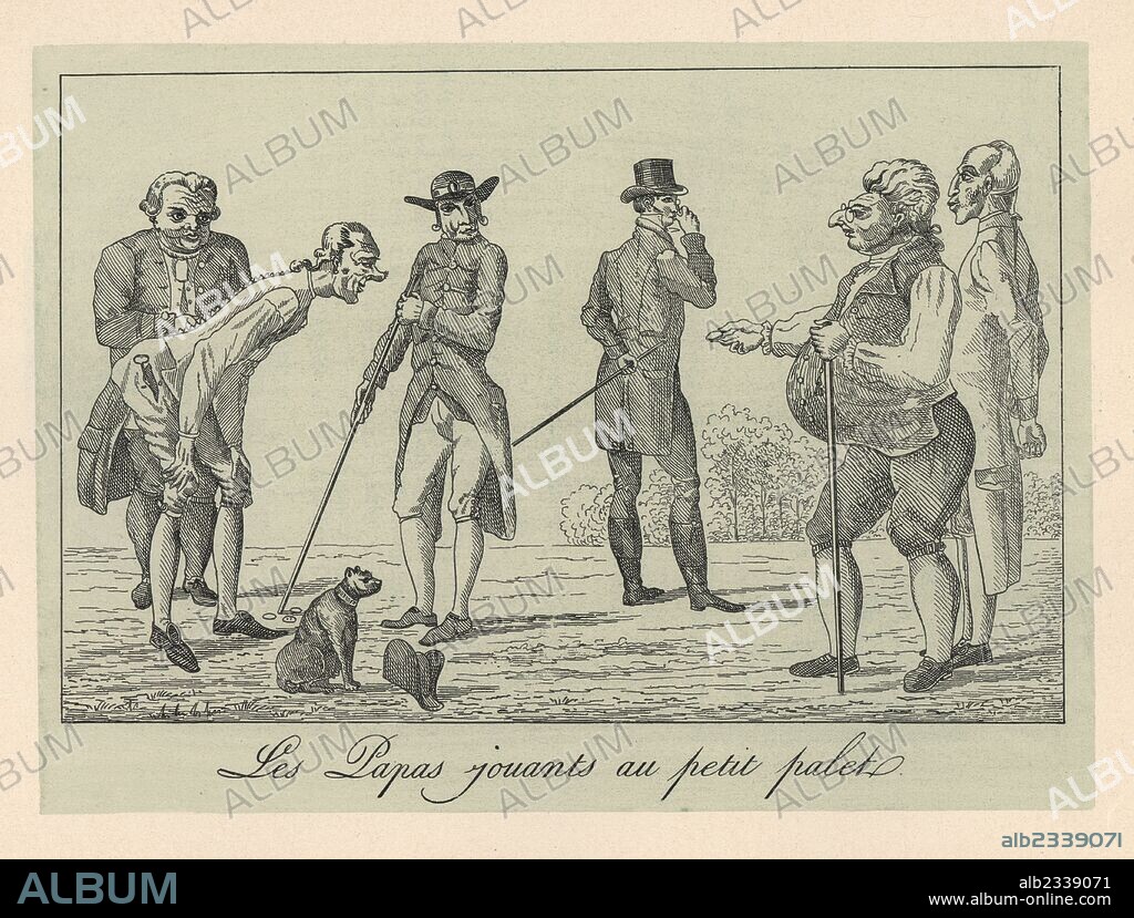 Old men playing petit palet or shove ha'penny in a park, 18th century. Lithograph from Henry Rene Allemagne's Sports and Games of Skill (Sports et Jeux d'Adresse), Librairie Hachette, Paris, 1903.