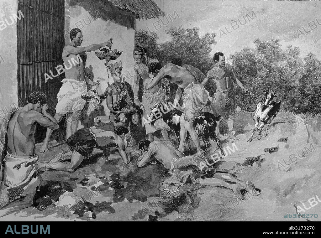 Sacrifice of animals in front of a war fetish in dahomey, now benin, africa, woodcut circa 1871.